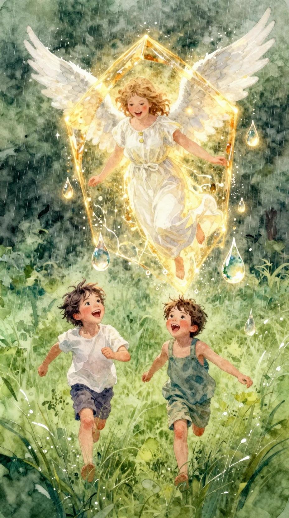 Children Run Under Angel Shield In Watercolor Rain
