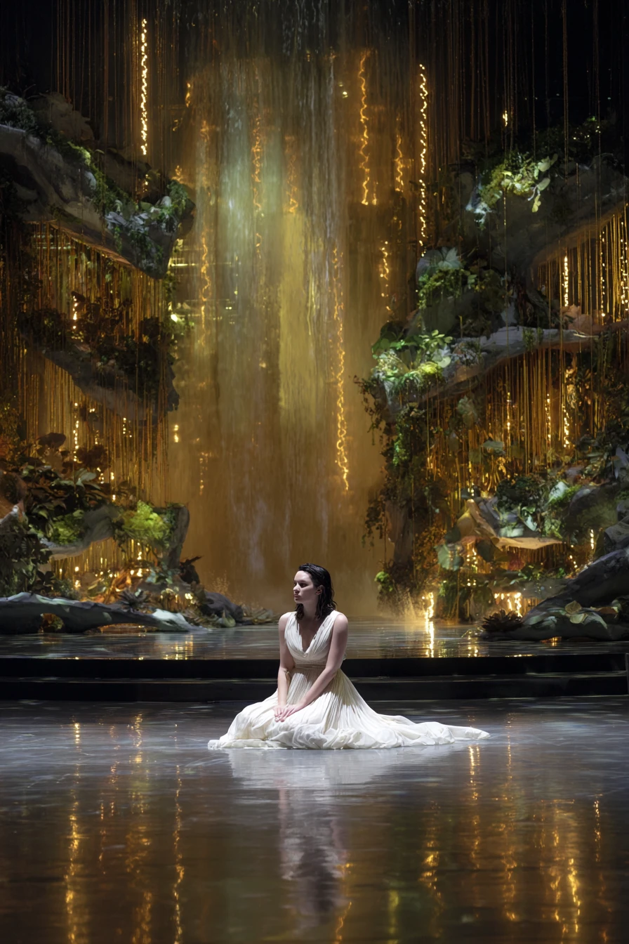 Woman in white gown on waterfall theater stage