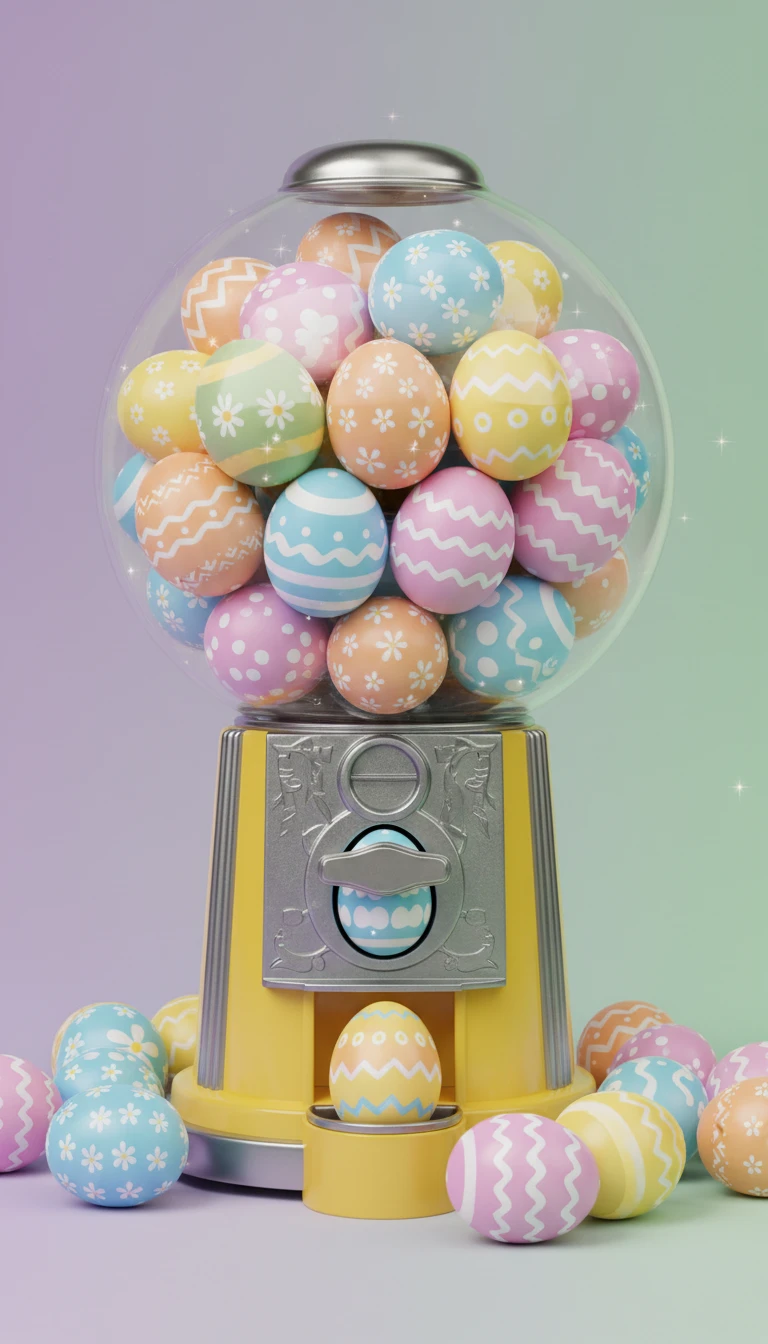 Whimsical gumball machine filled with colorful Easter eggs