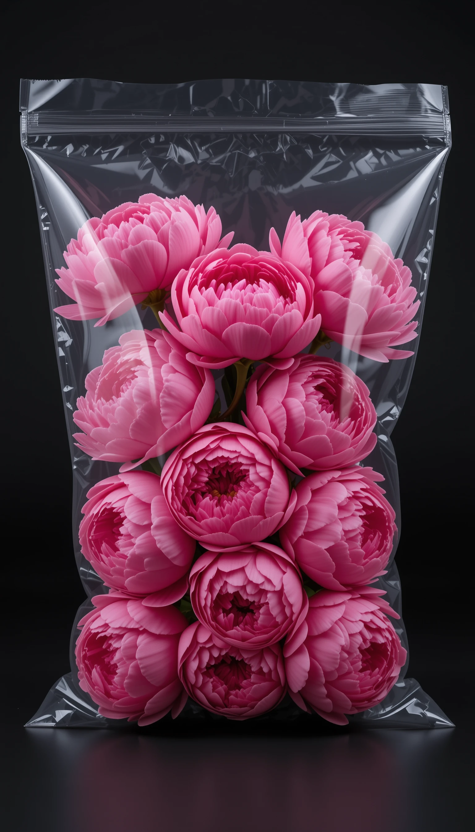Peonie rosa sigillate in plastica trasparente su sfondo scuro