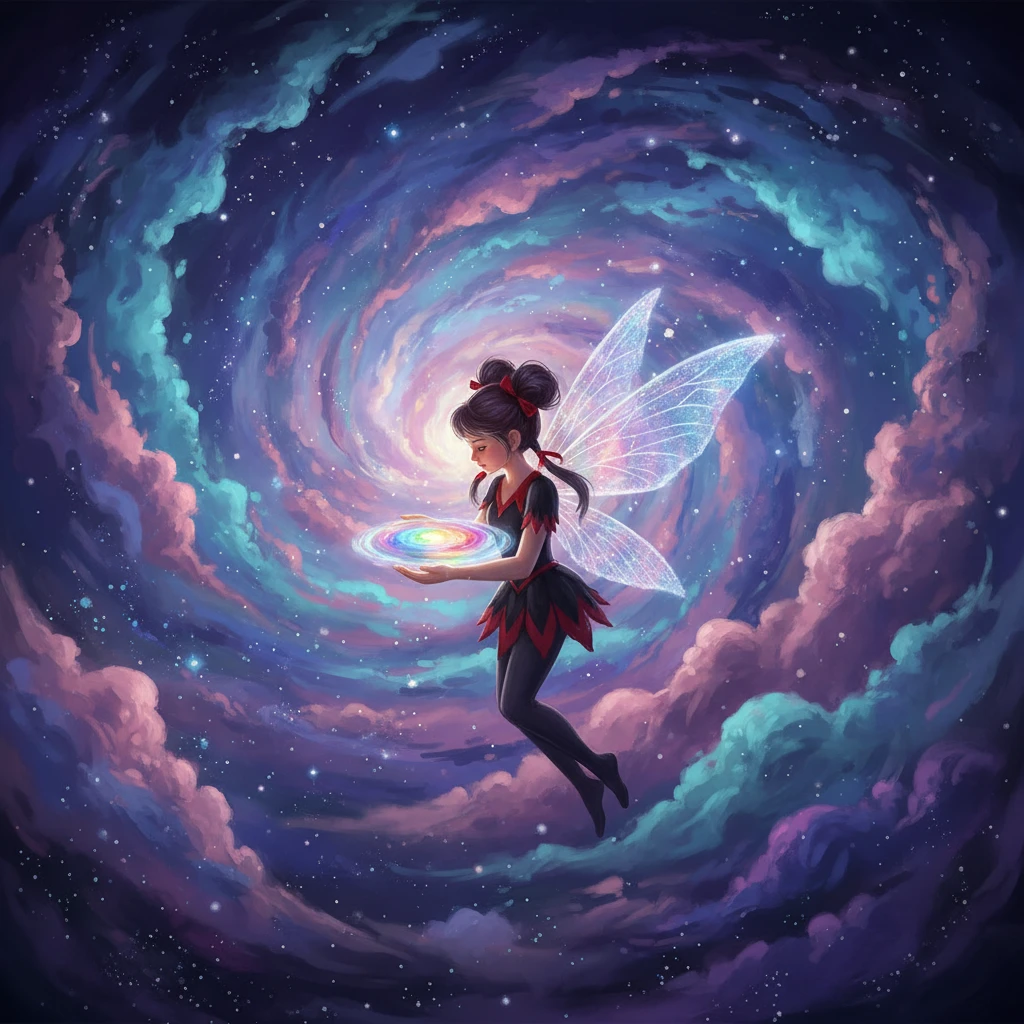 Fairy girl holding glowing rainbow liquid in cosmic sky