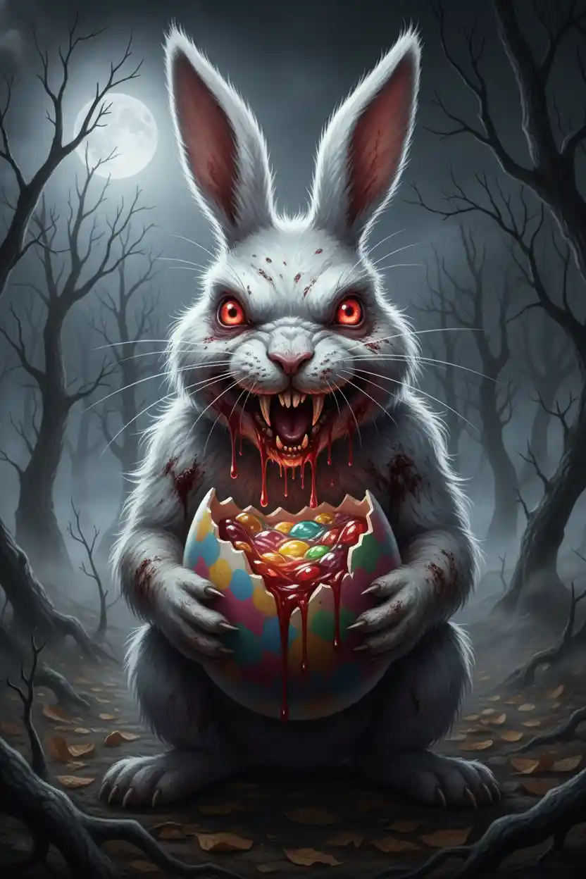 Rabid White Rabbit Devouring Bloody Easter Egg At Night