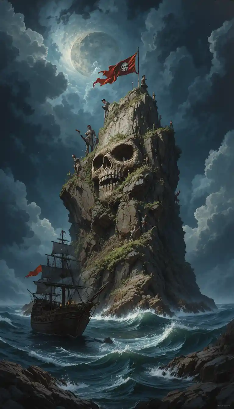Stormy seascape with skull rock island and pirate ship