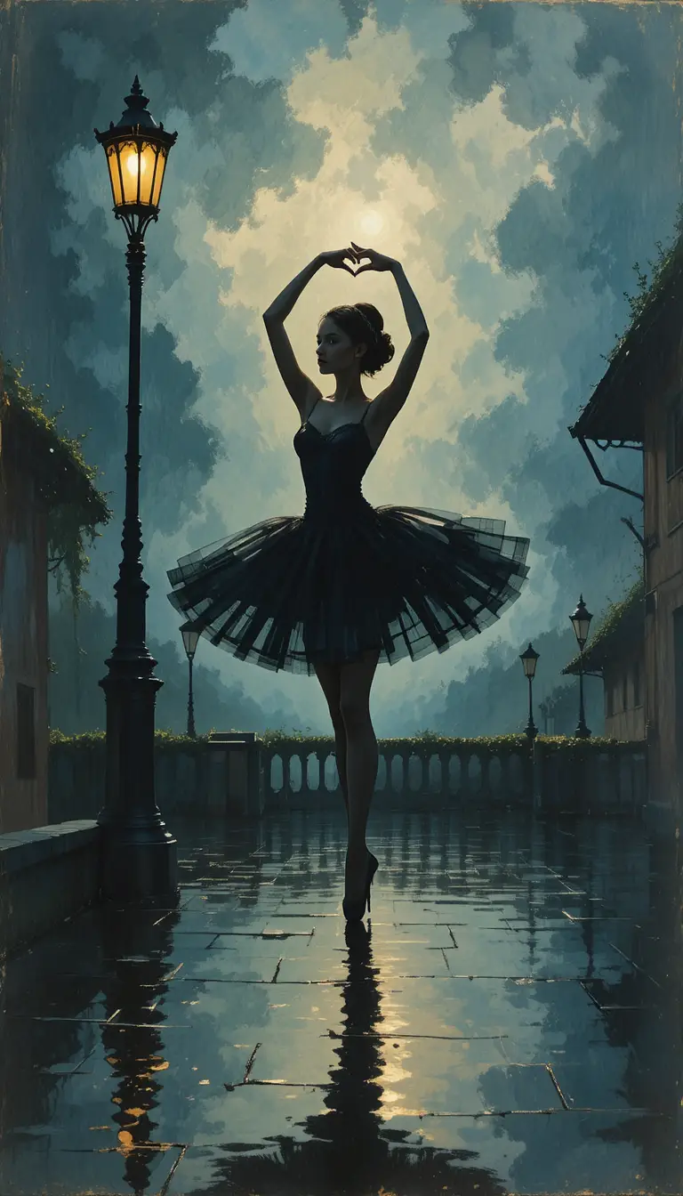 Graceful ballerina silhouette in an impressionist night scene