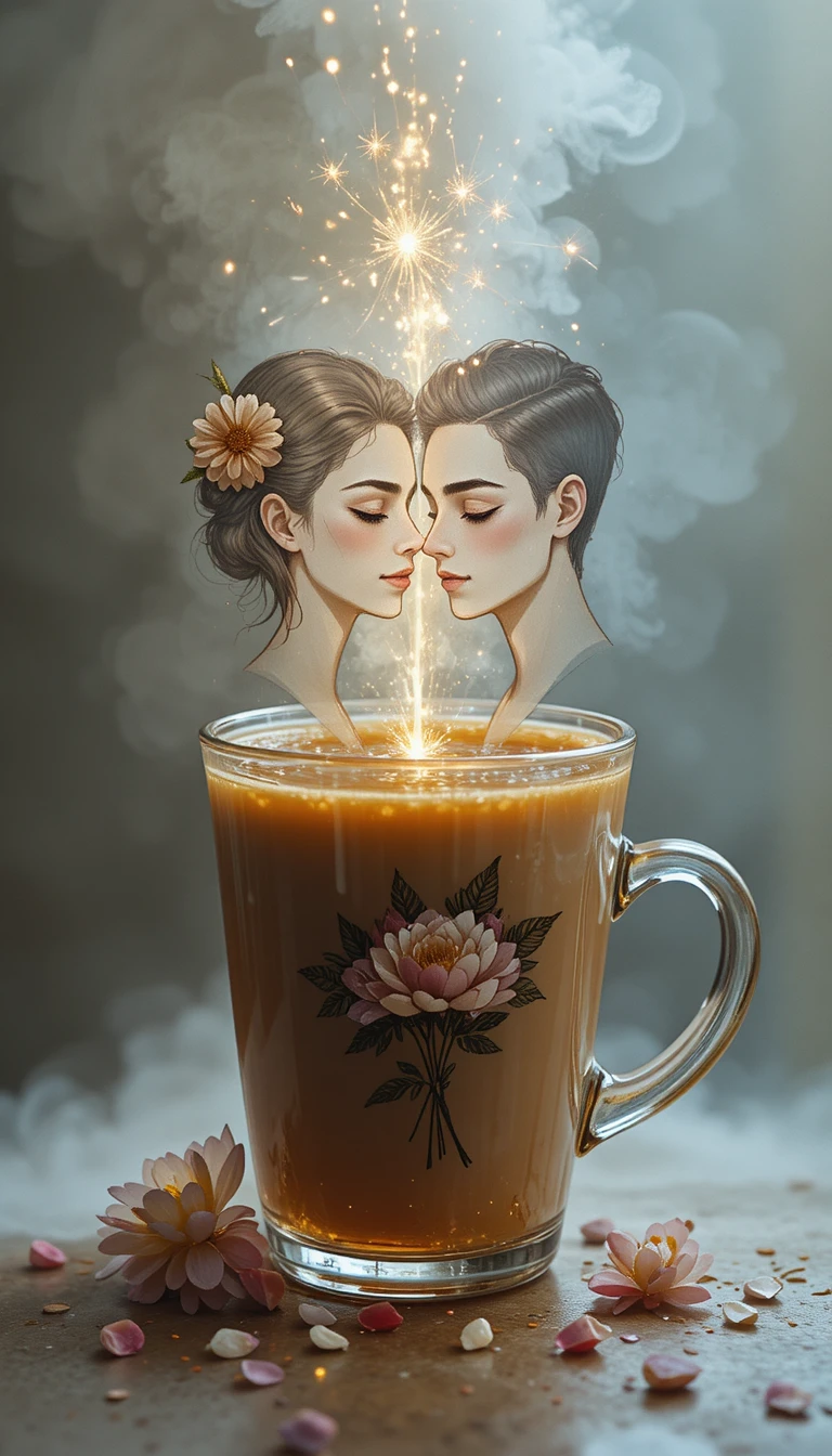 Boceto minimalista de una mujer con café y gelatina flotante