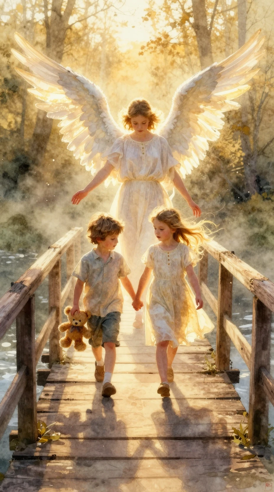 Ángel de la guarda mirando a unos niños cruzar un viejo puente de madera