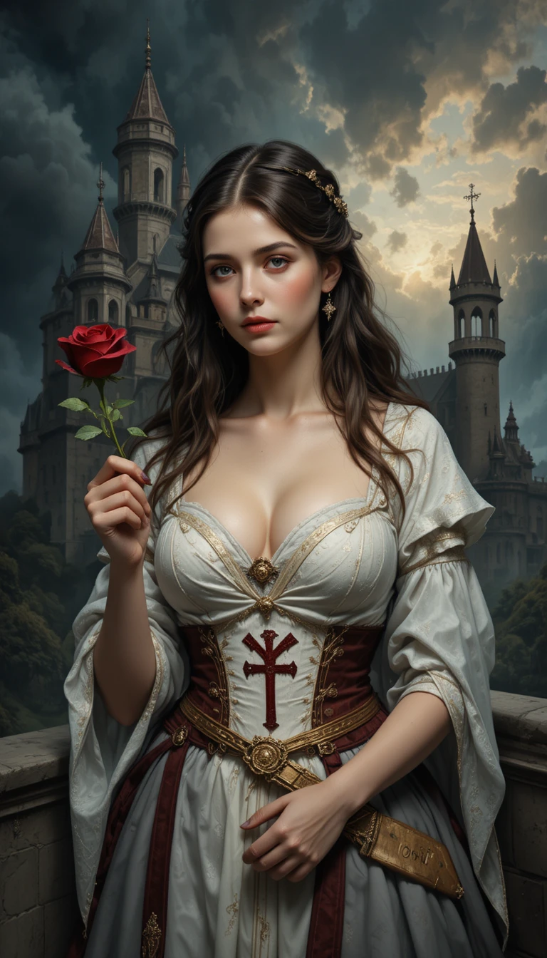 Mujer templaria con vestido blanco sosteniendo una rosa frente al castillo