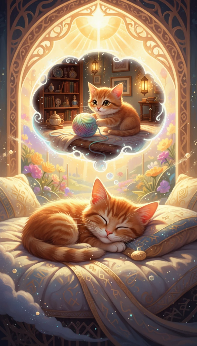 Gatito naranja durmiendo acurrucado en una cama acogedora