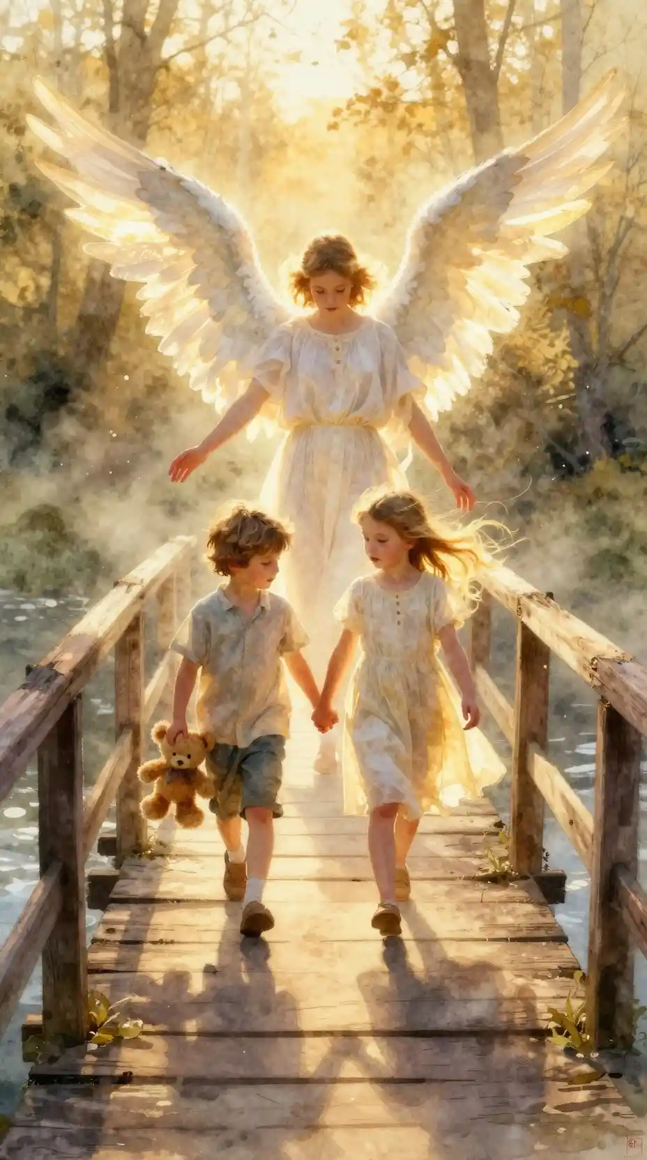 Guardian angel watching children cross an old wooden bridge