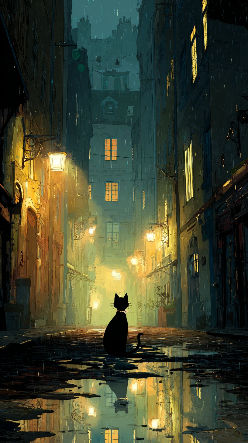 Gato negro con medallón brillante en un callejón lluvioso del París victoriano