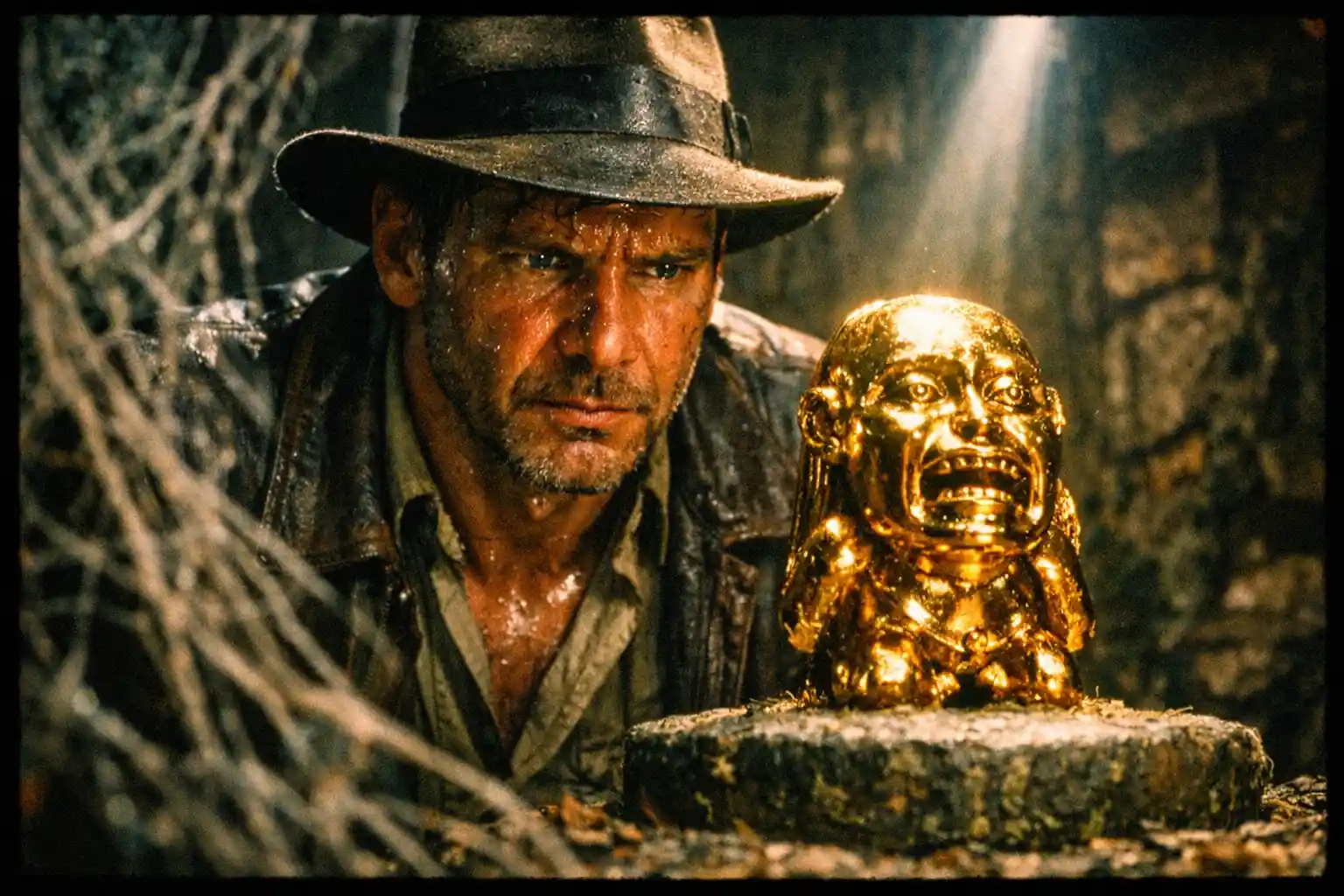 Verschwitzter Abenteurer fixiert ein goldenes Idol im Tempel