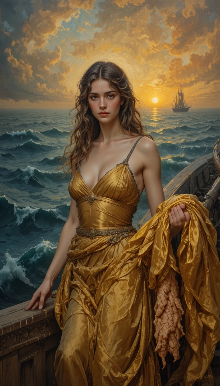 Golden clad heroine with the fleece aboard the Argo at sunset