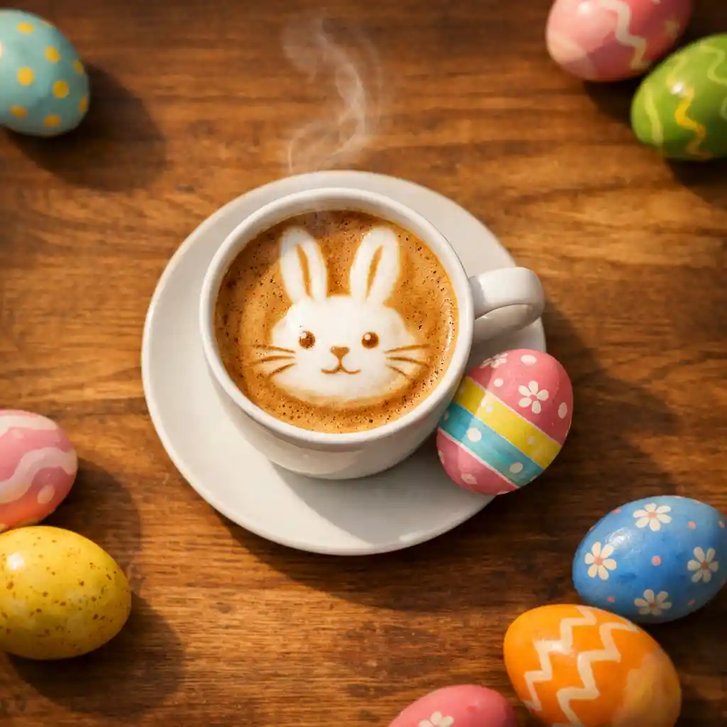 Vista cenital de café con arte latte y huevos de Pascua