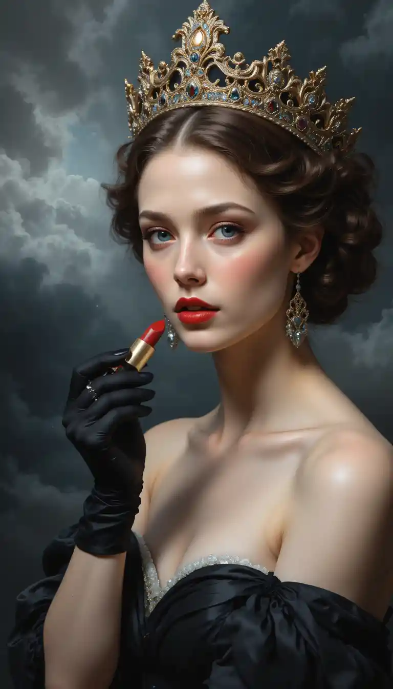 Modern queen applying red lipstick in baroque portrait