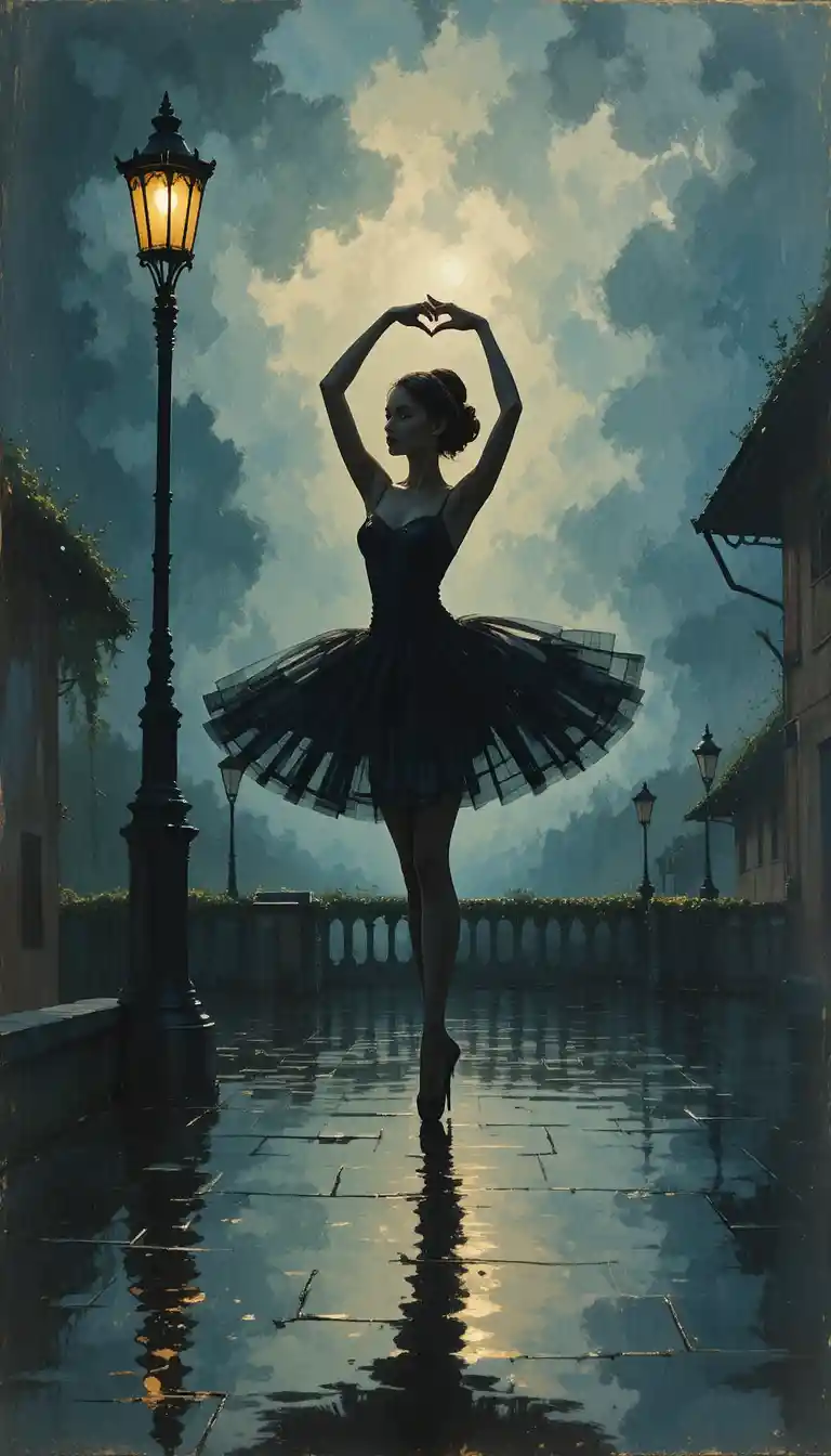 Graceful ballerina silhouette in an impressionist night scene