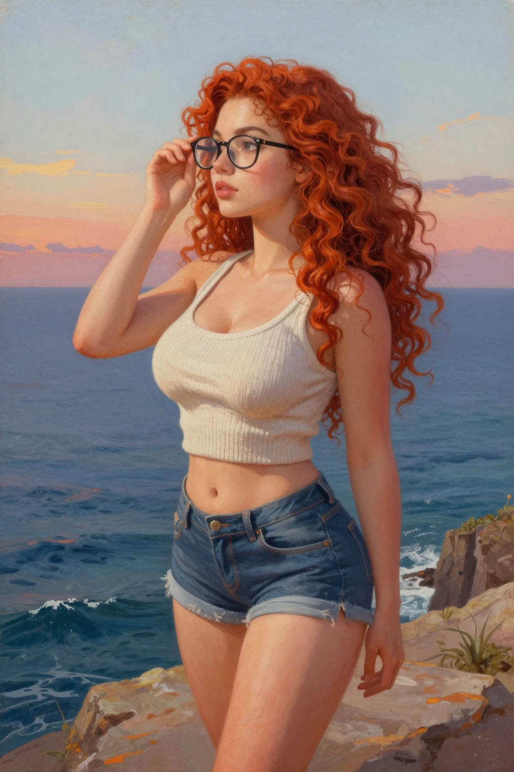 Donna formosa dai capelli rossi su una scogliera al tramonto sull’oceano