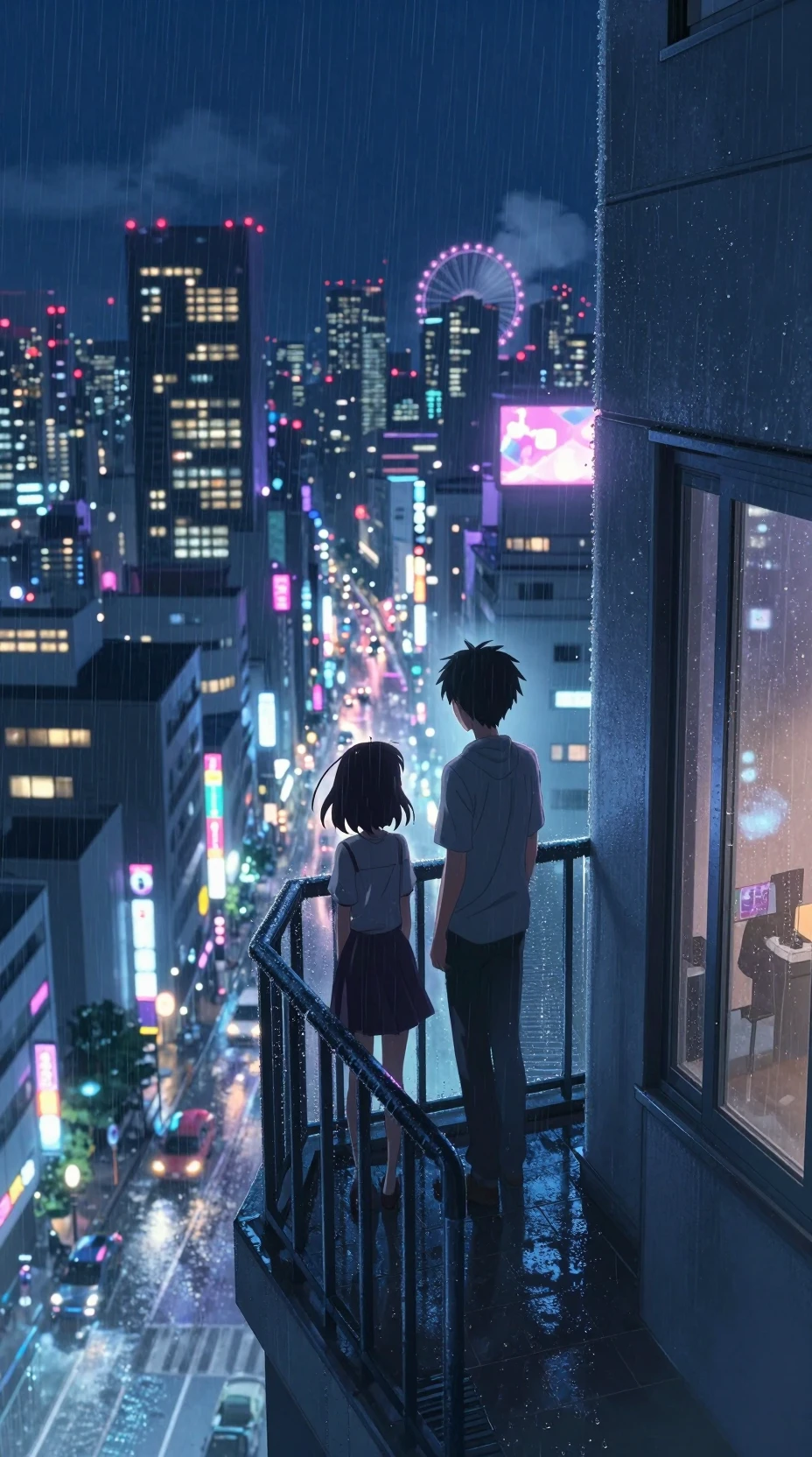 雨夜午夜東京陽台上的動漫情侶