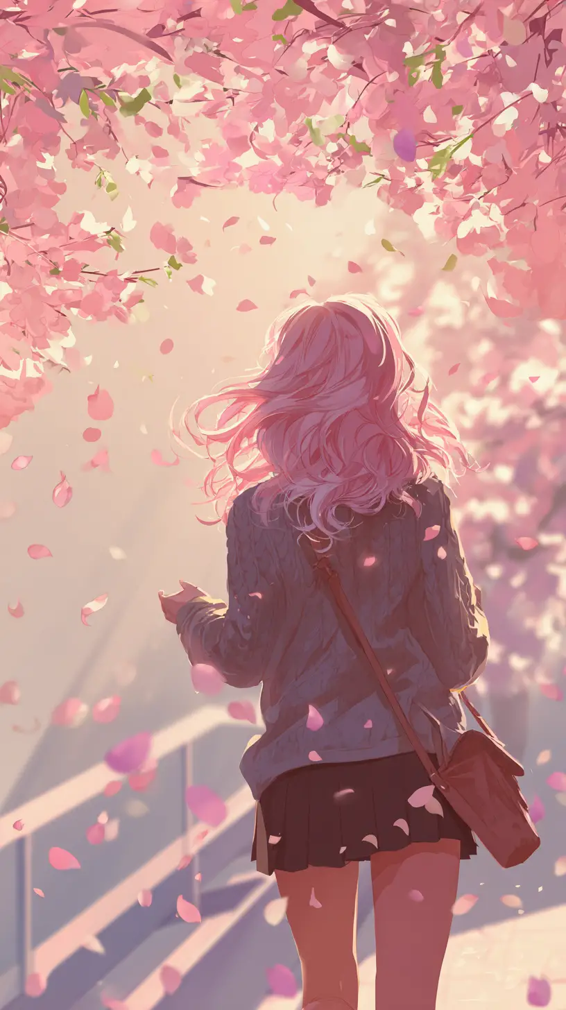 Girl walking under cherry blossoms in soft spring light