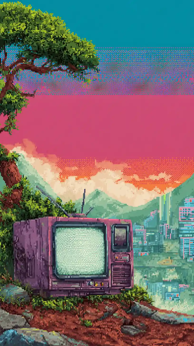 Retro futuristic pixel art landscape with vibrant nes colors