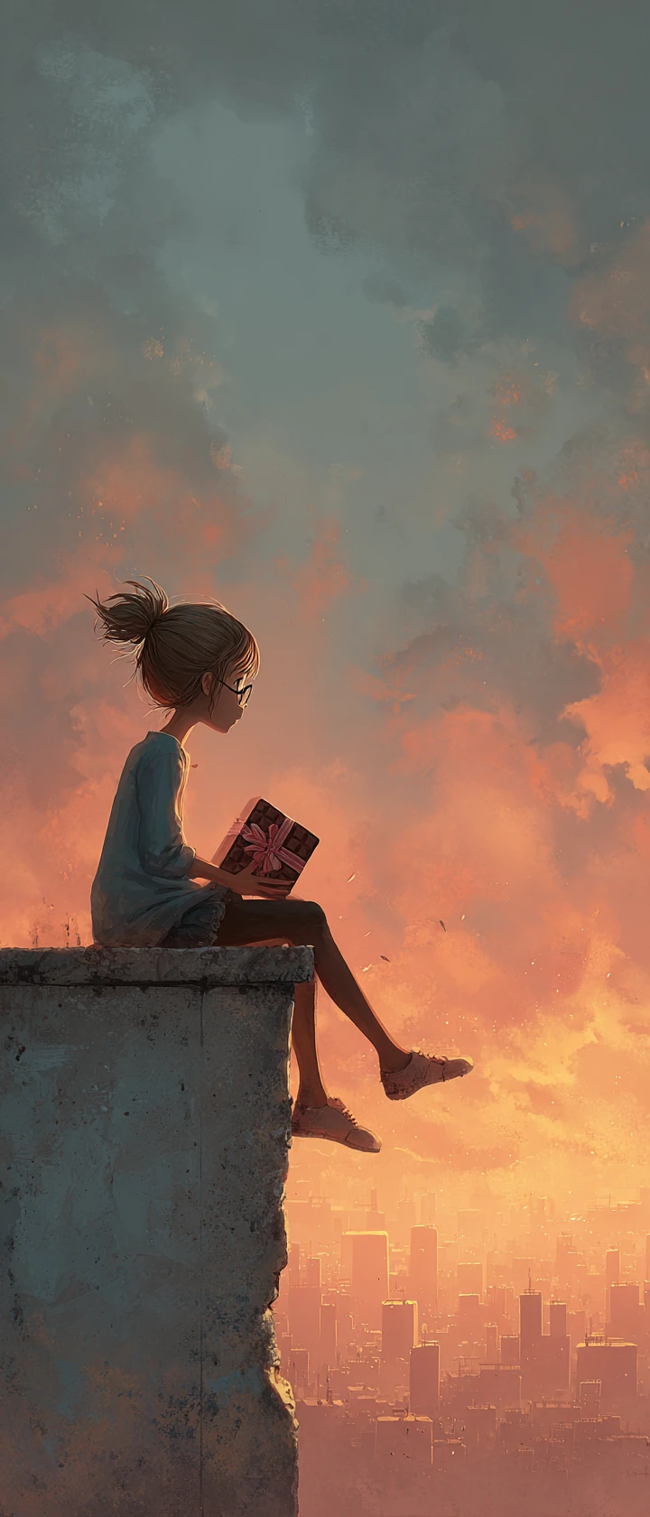 Teen girl on school rooftop holding a chocolate box at sunset