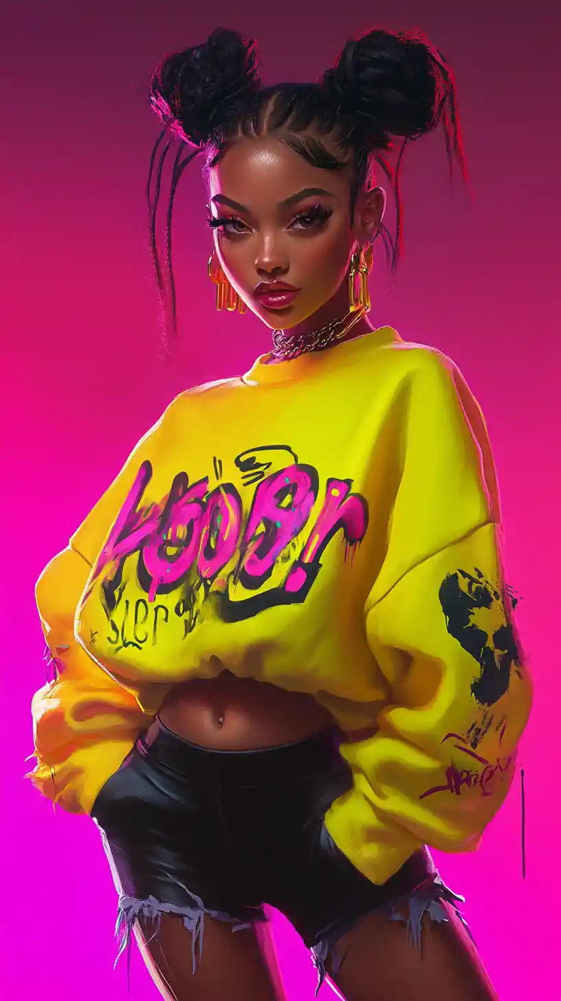 Selbstbewusstes Mädchen in Neon-Streetwear mit auffälligem Make-up