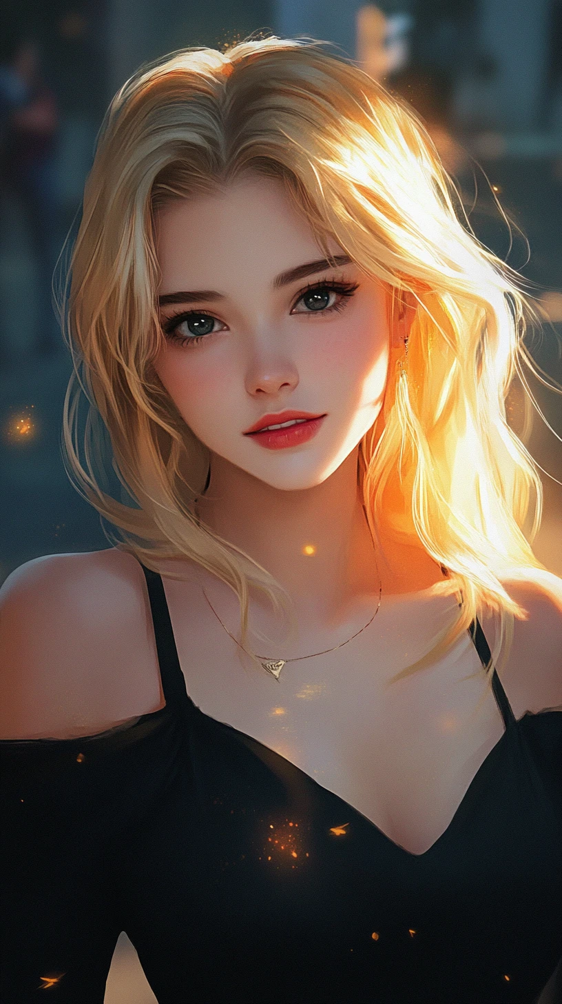 Barefoot anime girl walking in glowing gradient dress