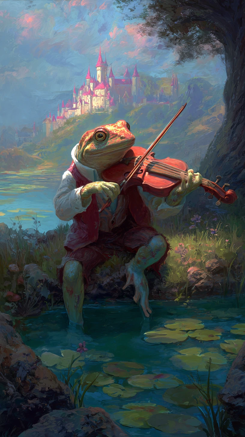 Frog Playing Violin In A Colorful Fantasy Lakeside World
