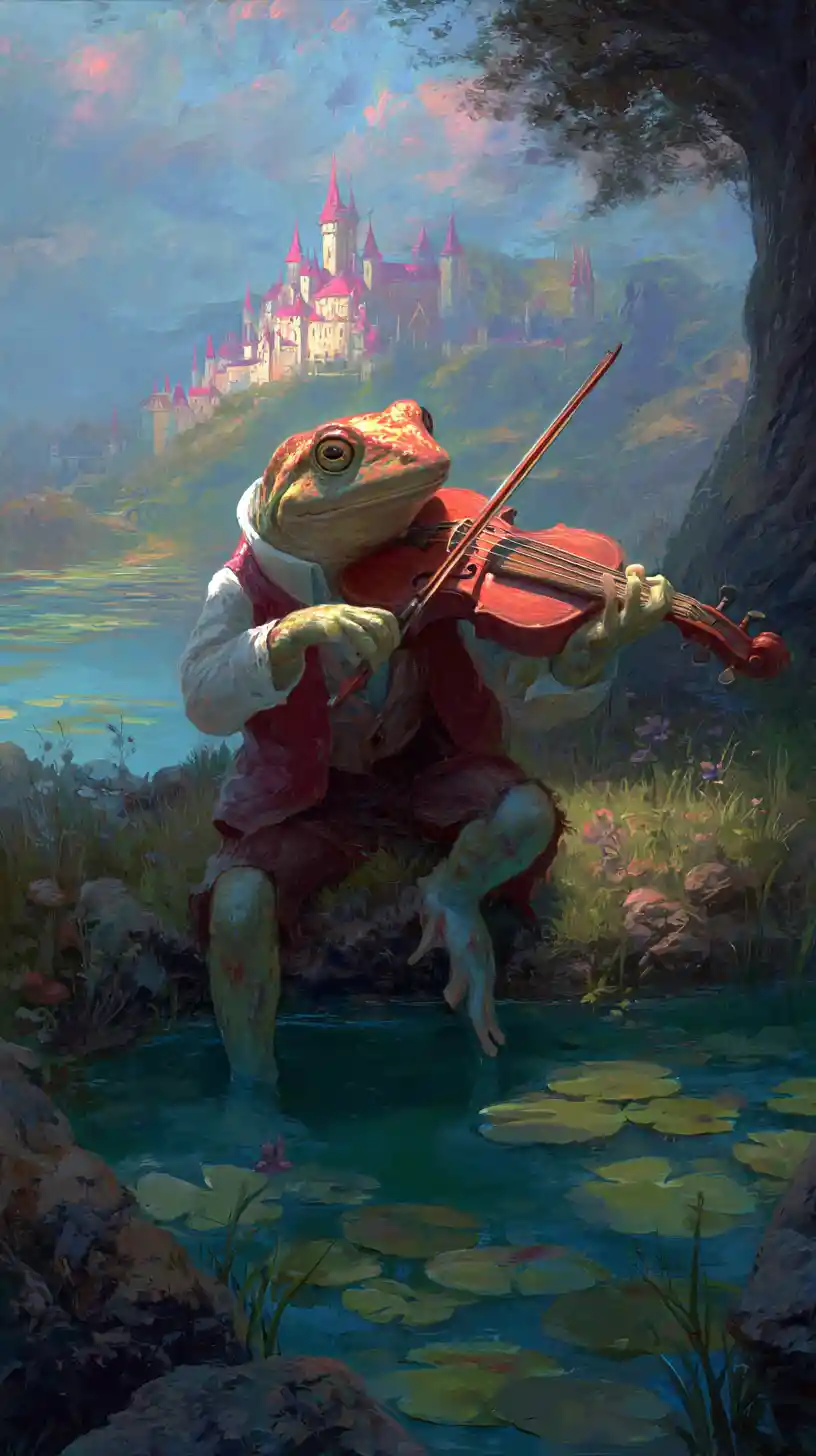 Frog Playing Violin In A Colorful Fantasy Lakeside World