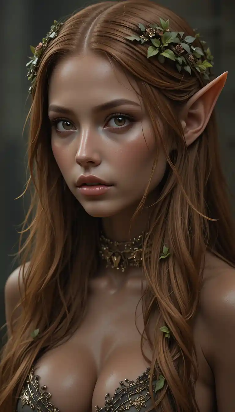 Tall elf woman with bronze hair and golden eyes