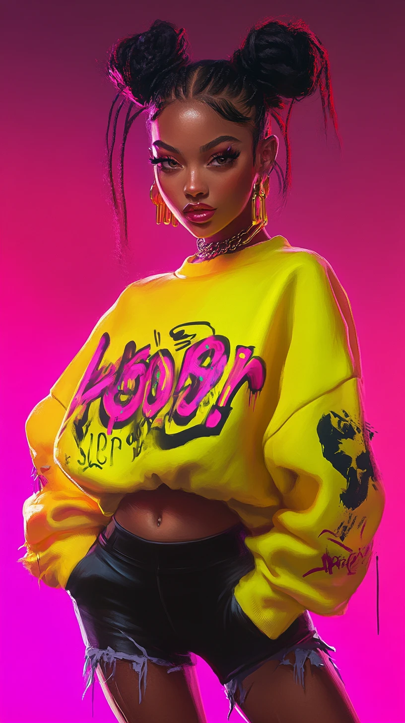 Confident girl in neon streetwear with bold makeup
