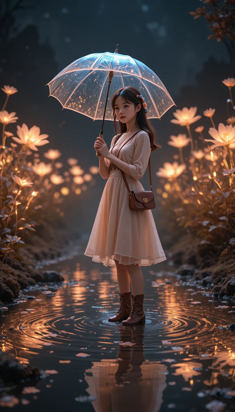 Girl with umbrella standing in glowing reflective puddle