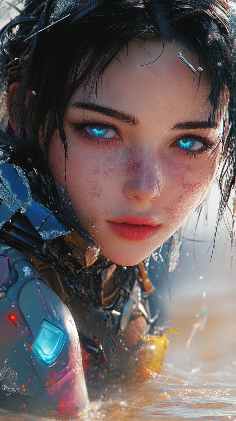 Guerrière en larmes au visage meurtri inspiré d’un anime