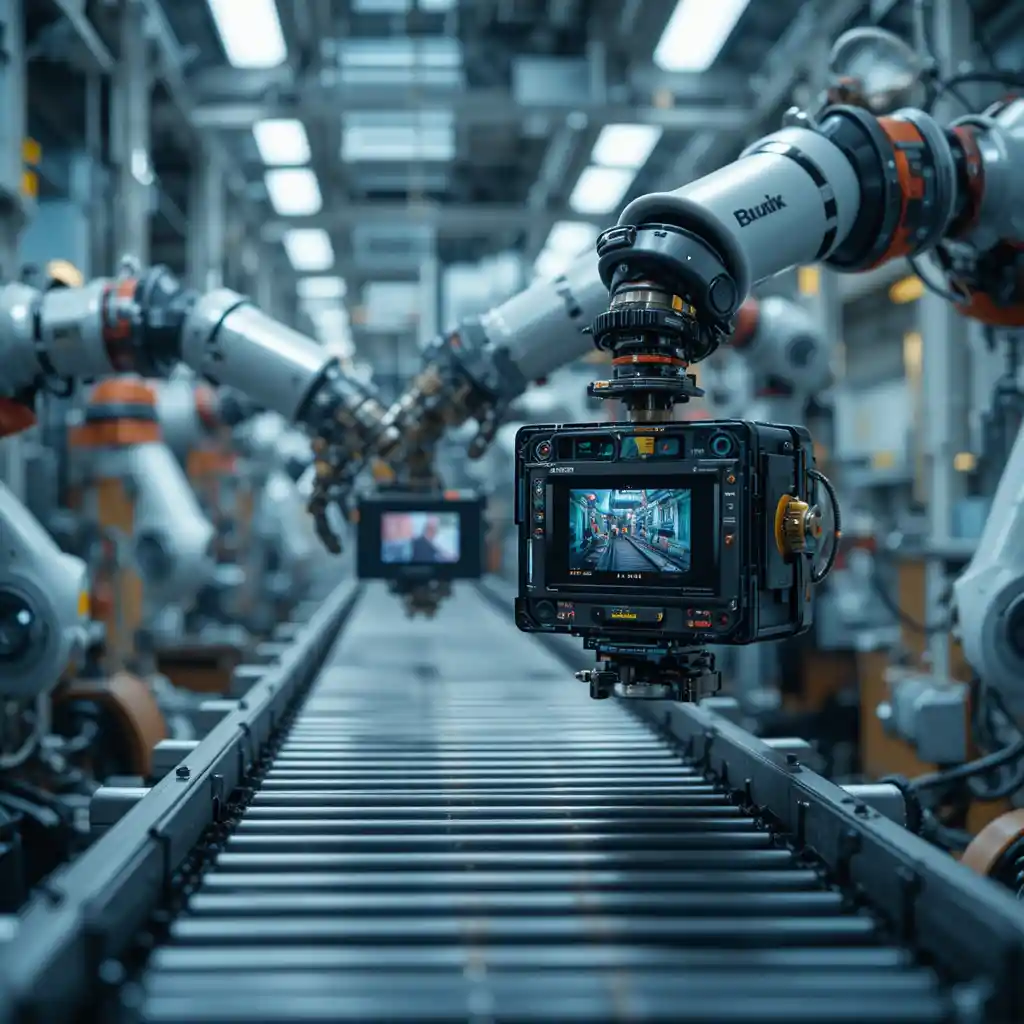 Nahaufnahme: Industrielle Prüfung von Kameramodulen auf dem Förderband