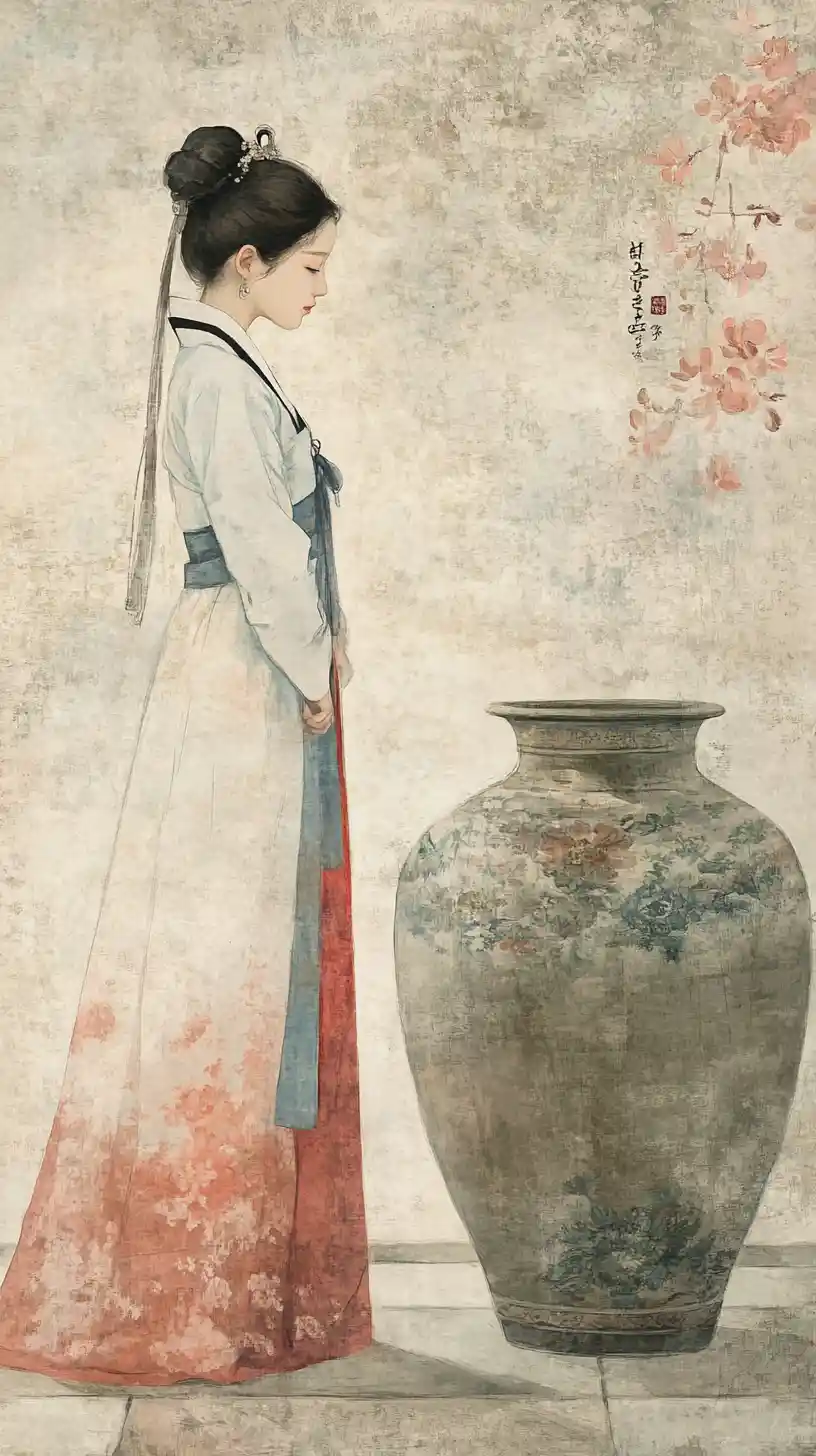 Jeune femme en hanbok coréen contemplant un vase en céramique