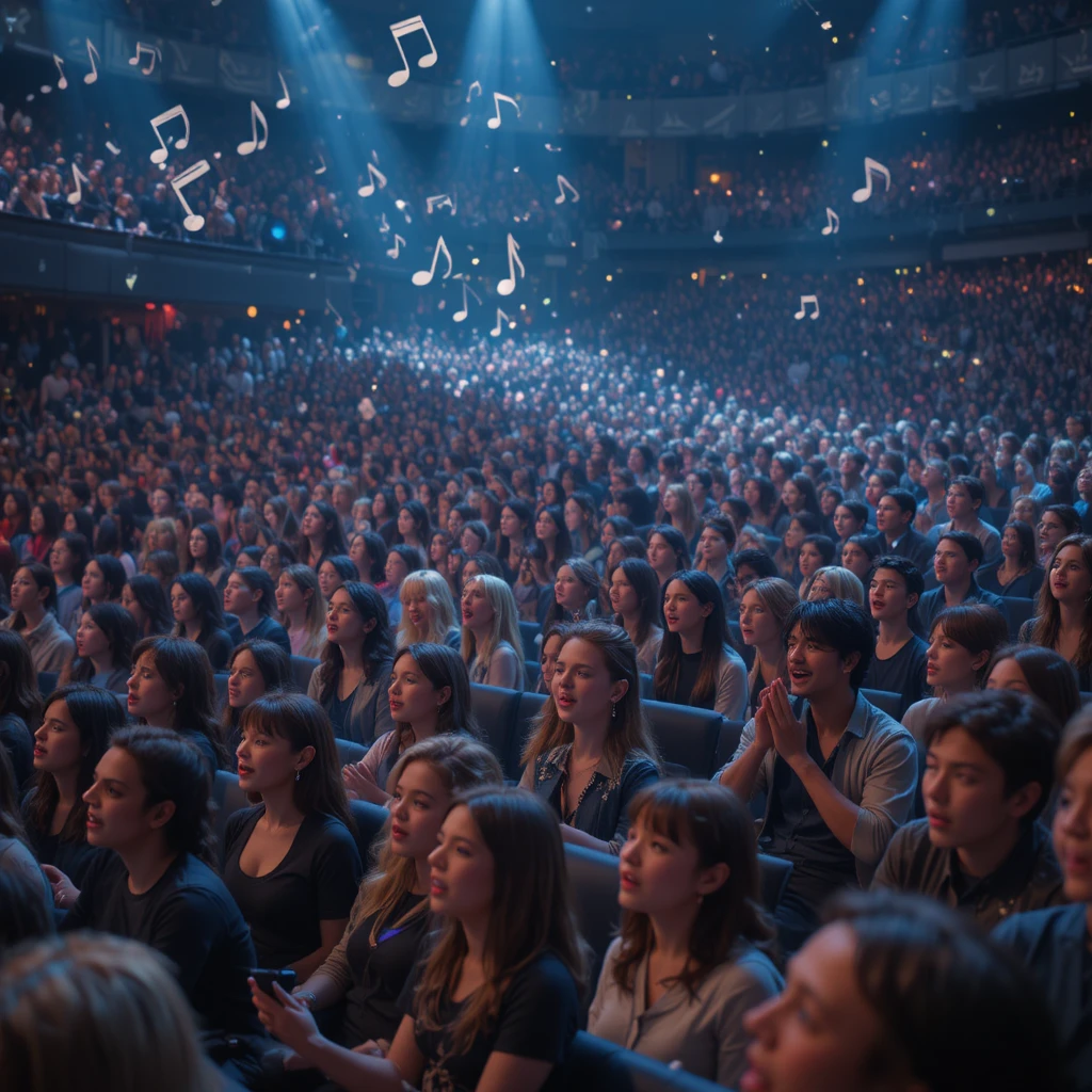 Joyful crowd singing together at a packed concert