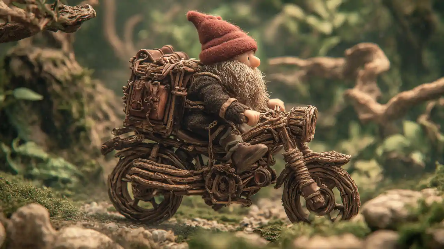 Gnome Riding A Twig Motorbike Through Misty Forest