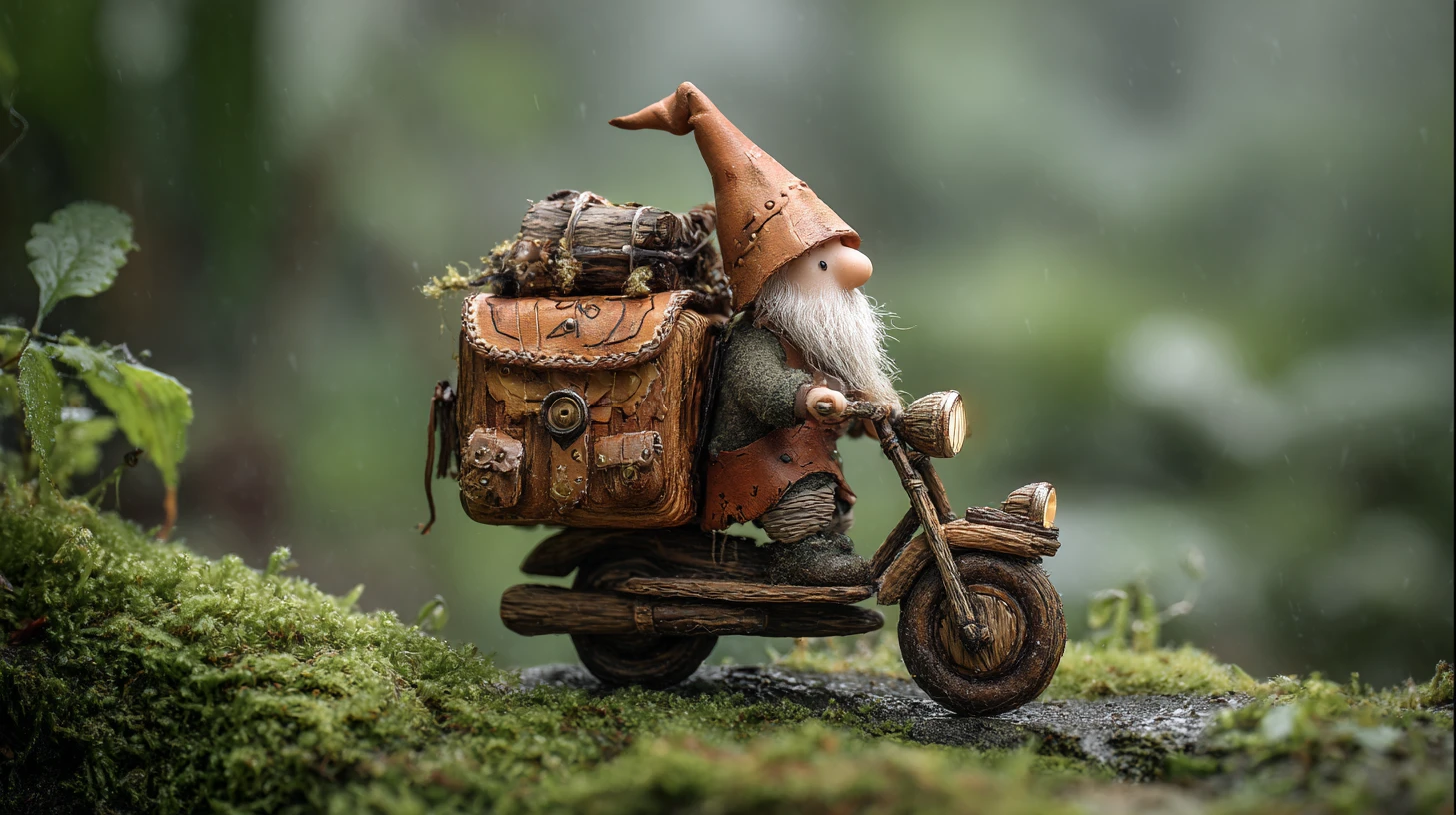 Tiny gnome riding a stick motorbike through misty forest