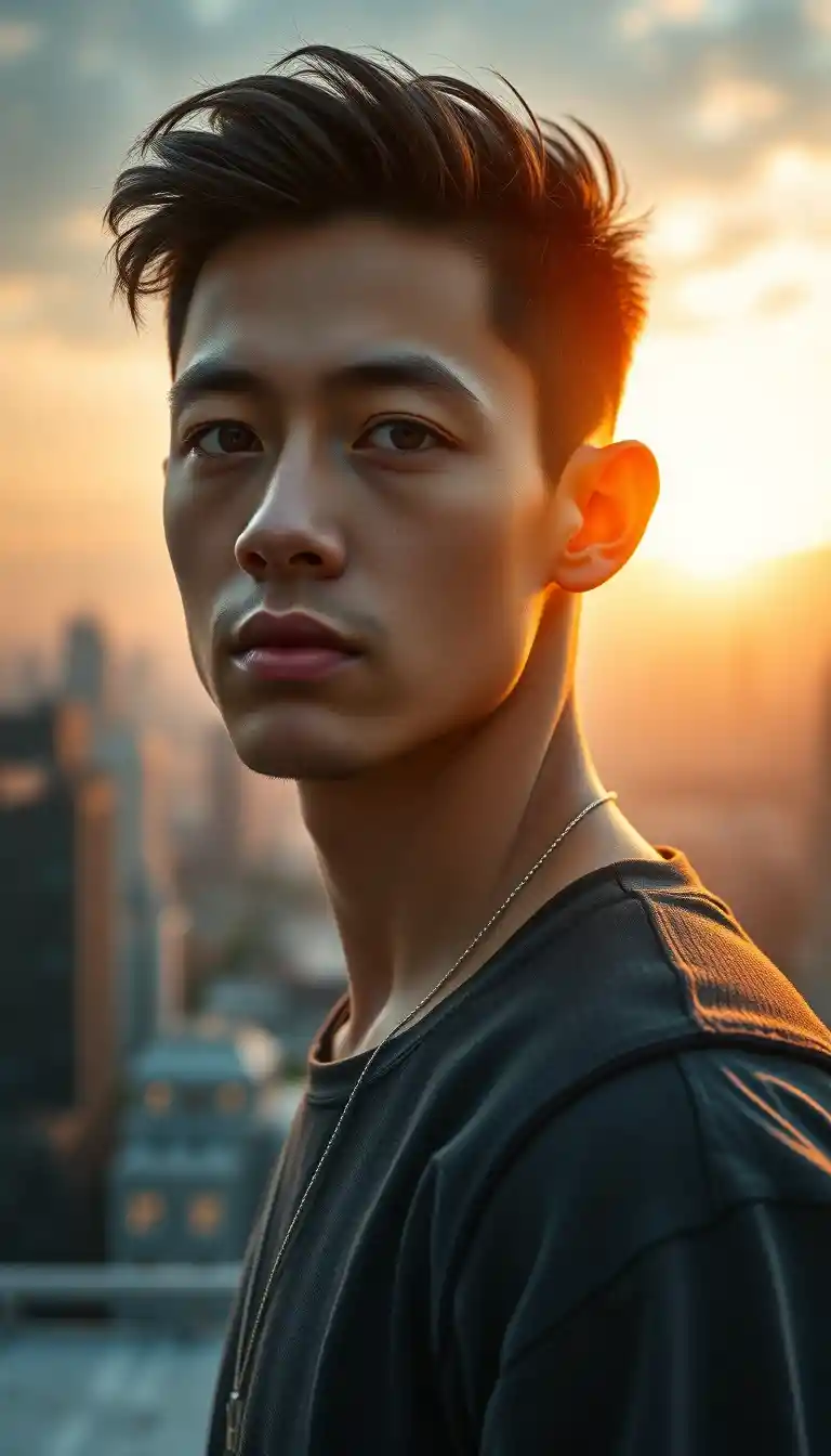 Young man on city rooftop at sunrise with golden light