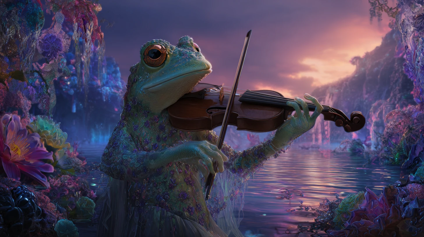Eleganter Frosch spielt Violine in einer farbenfrohen, fantastischen Welt am Seeufer