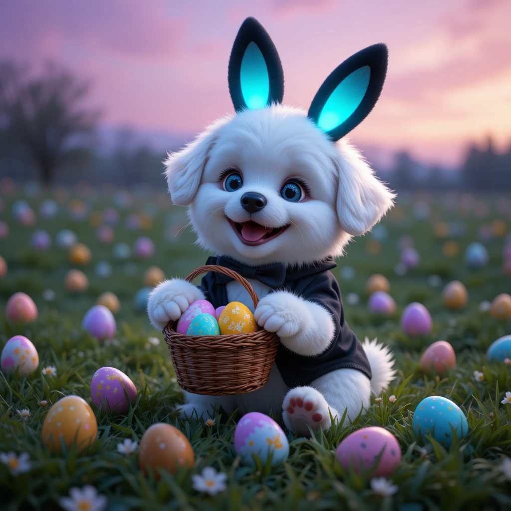 Adorable chiot blanc en costume de lapin avec panier de Pâques