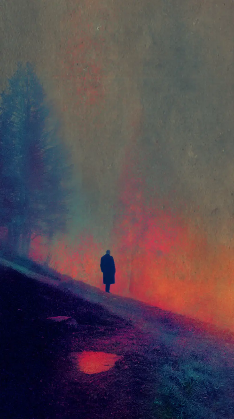 Surreal dreamlike landscape with moody grainy linocut textures