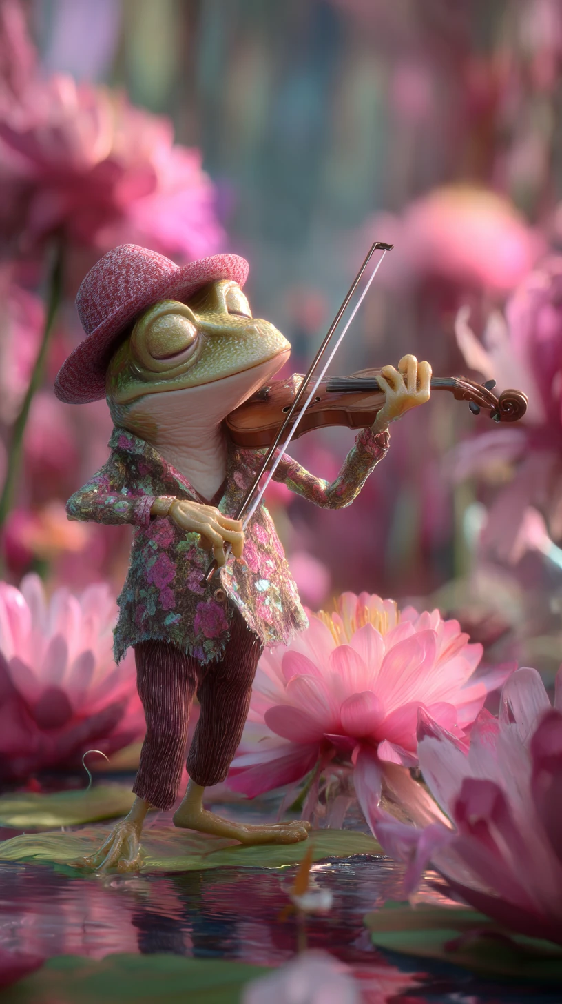 Frosch spielt Violine an einem farbenfrohen Fantasy-Seeufer