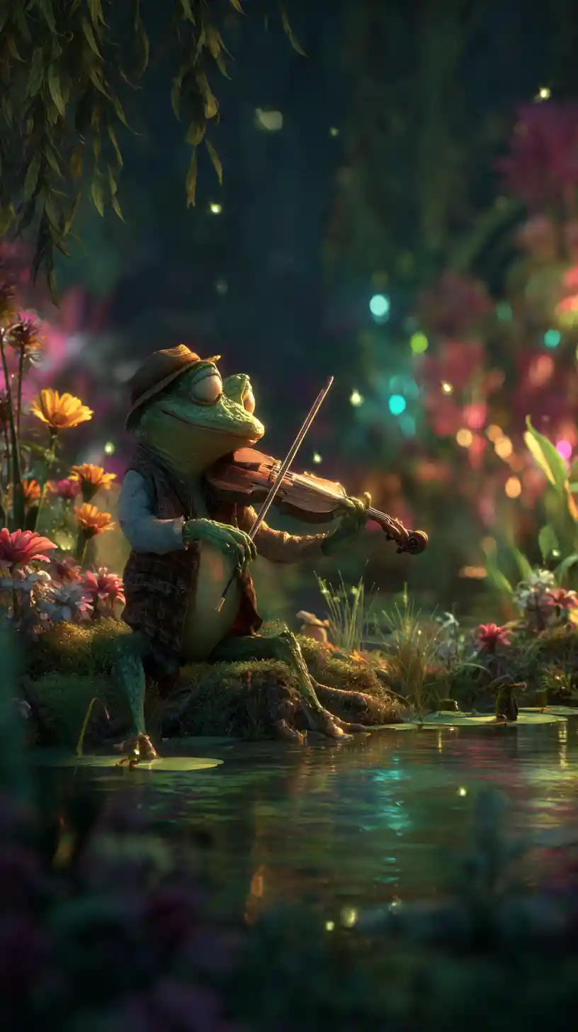 Elegant frog playing violin by a tranquil lakeside