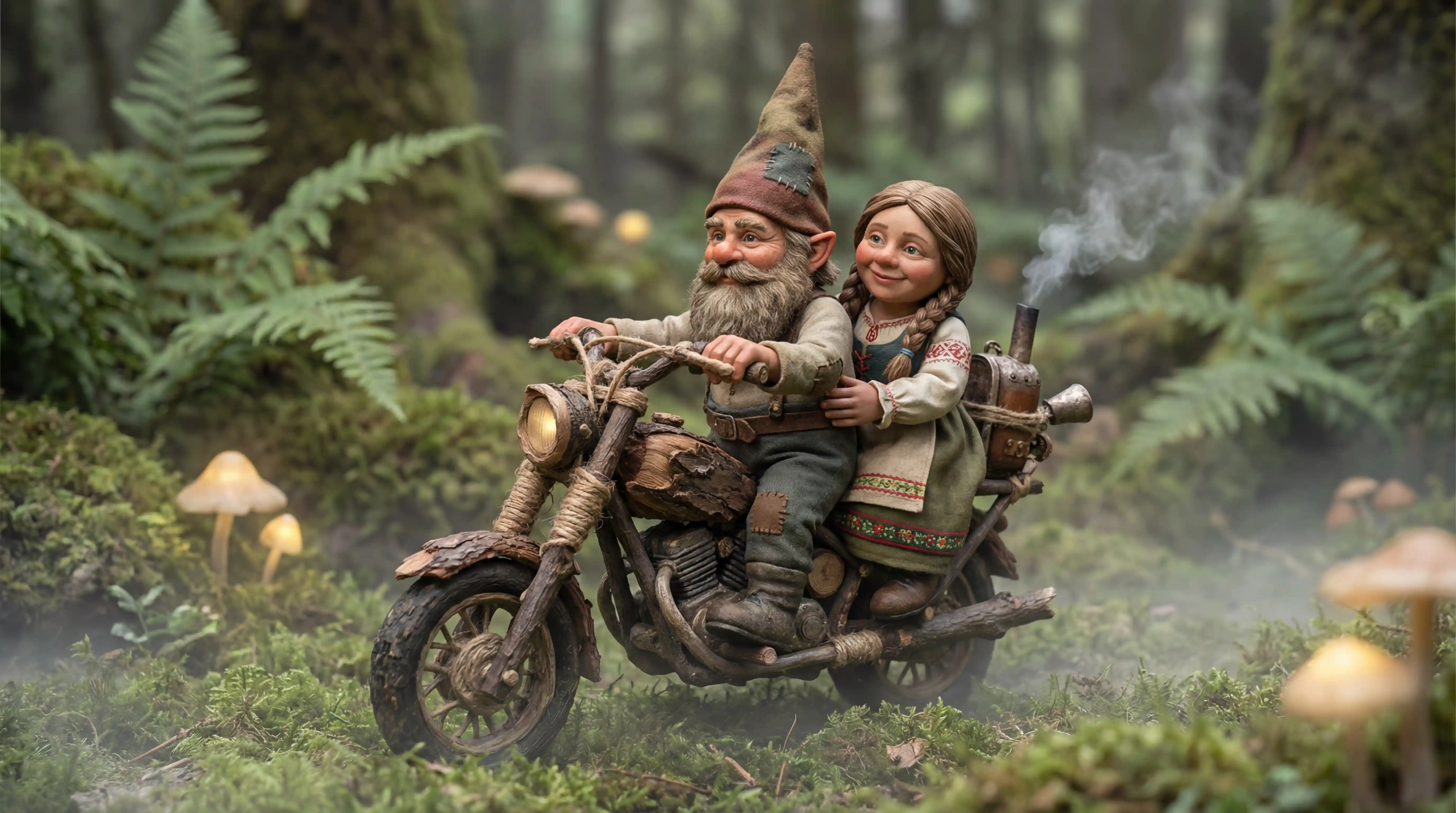 Tiny gnome couple riding a twig motorcycle through forest mist