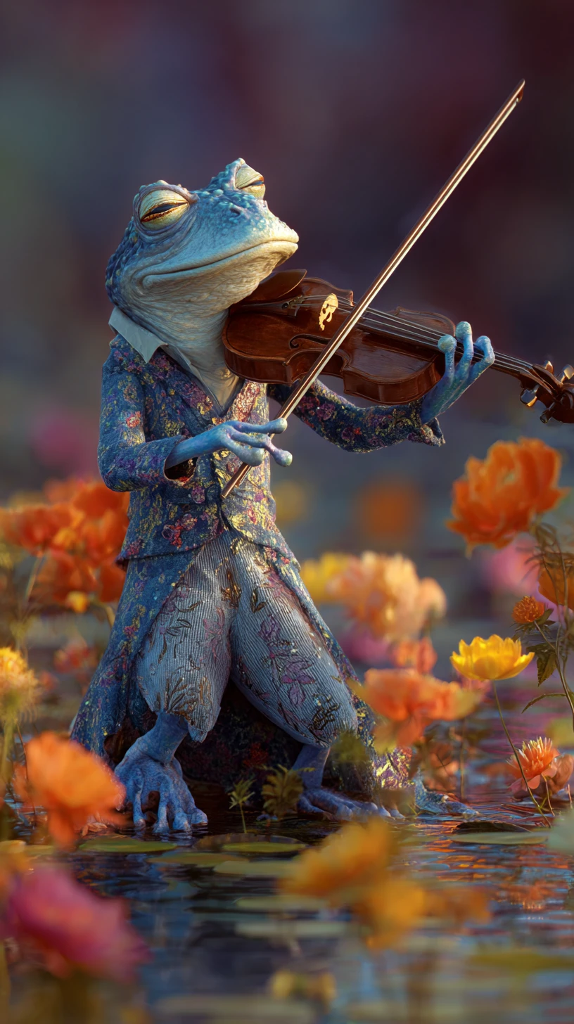 Frog playing violin in a colorful fantasy lakeside world
