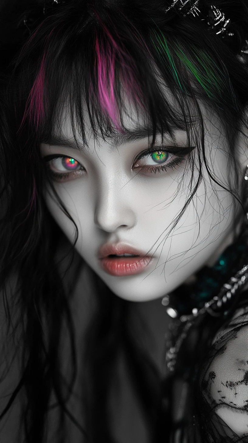Colorful K pop girl idol close up with glossy eyes