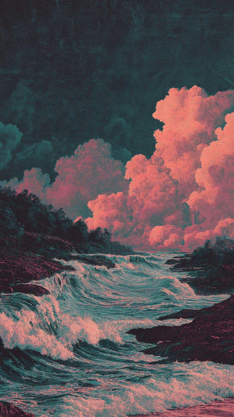Surreal breaking waves glowing on a distant horizon