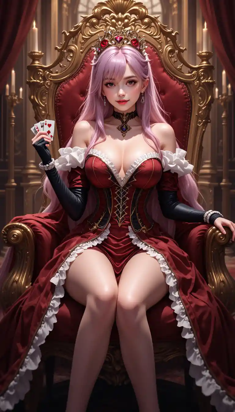 Anime queen of hearts on a throne with playing cards