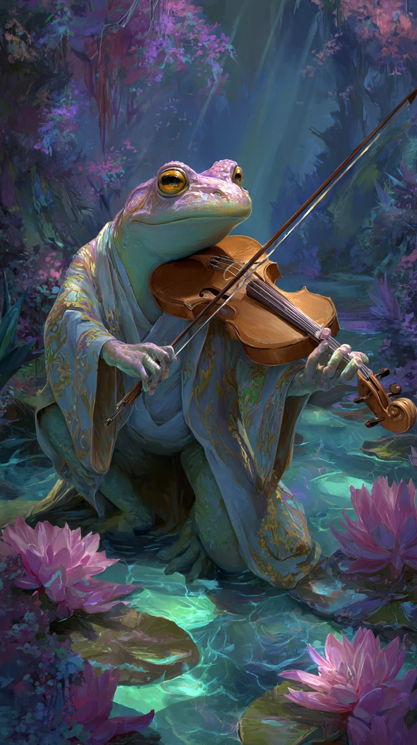Rana elegante tocando el violín en una laguna mágica