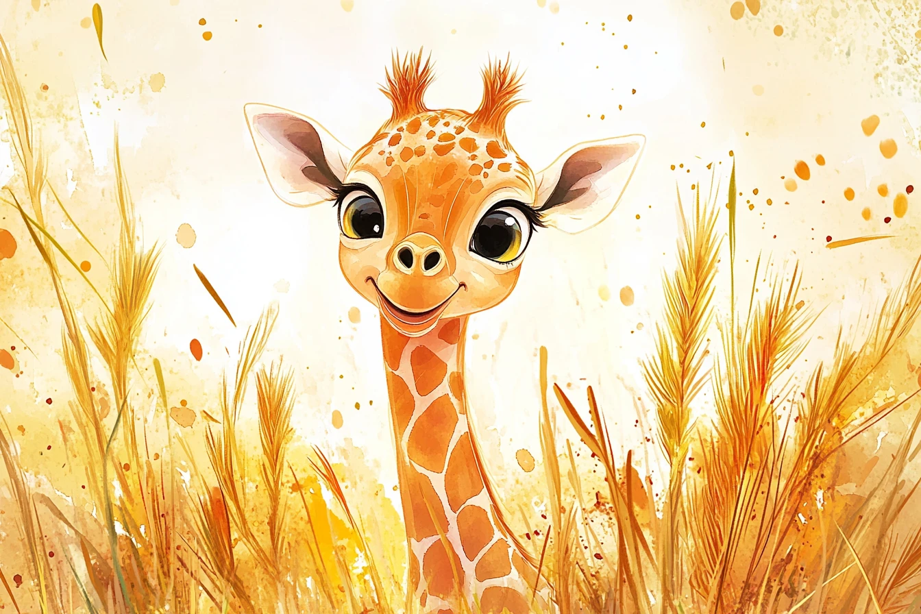 Baby giraffe in golden savanna watercolor at sunrise